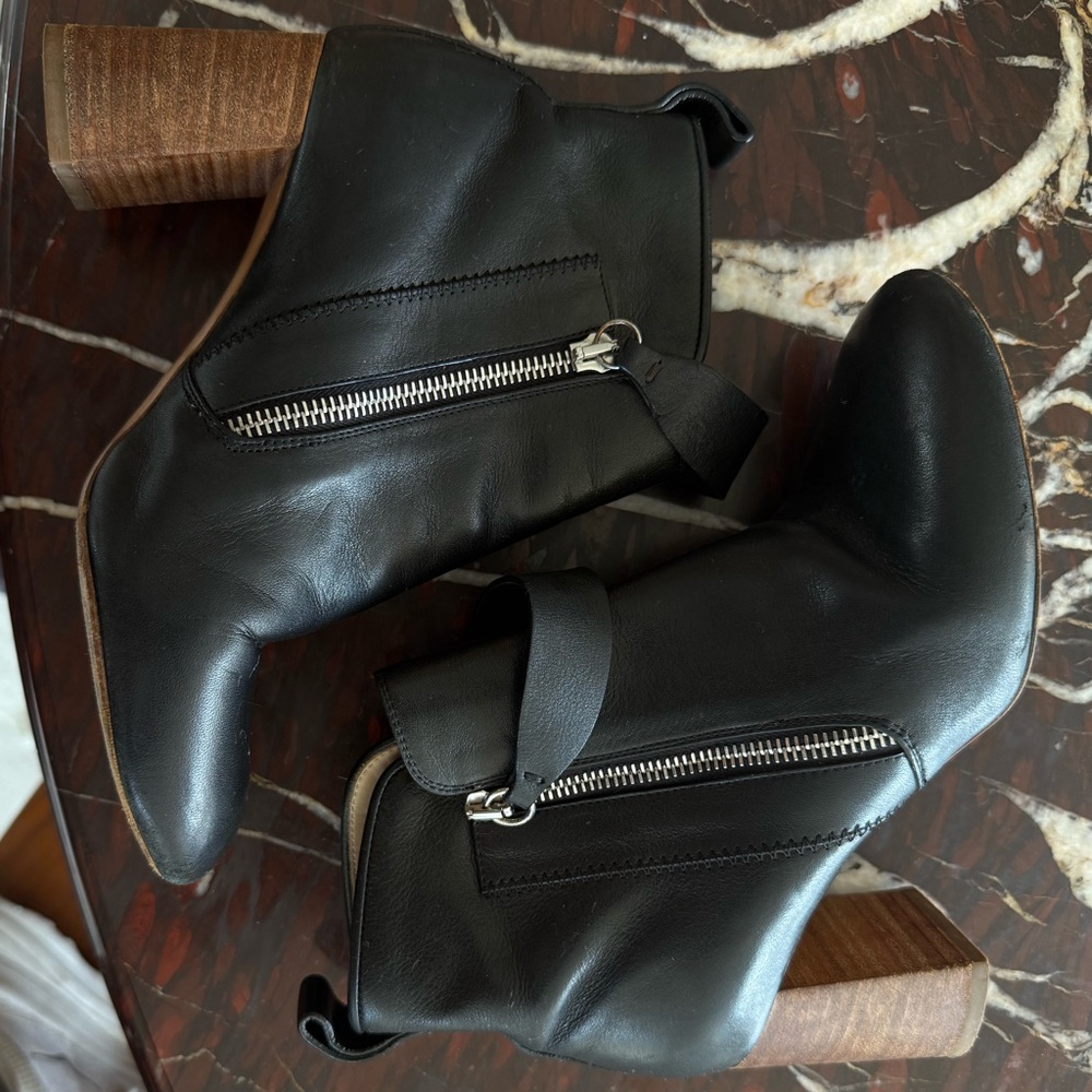 Chloe Black Leather Ankle Booties with Wooden Heel